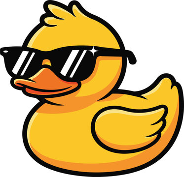 Yellow rubber duck wearing black sunglasses vector icon isolated on white background for summer bath toys