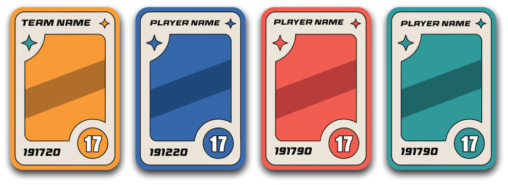 Sports card template illustration, trading frame set for football basketball hockey players on black background for collectible and game design.