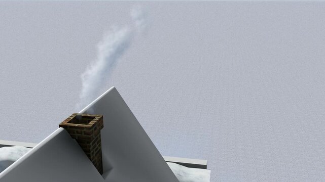 Snow Covered Roof with Chimney Smoke in Minimal Winter Scene