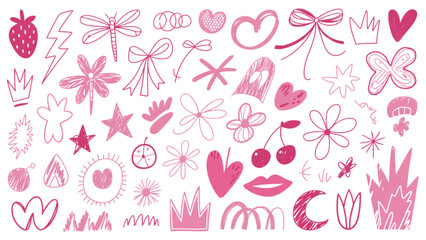 A playful assortment of pink heart and star-themed icons and illustrations Vector © Mahanz