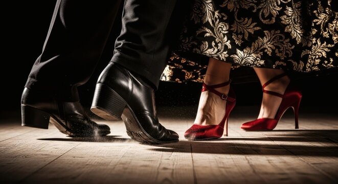 Close-up of elegant tango dancers' feet on a wooden floor, a man in black formal shoes and a woman in red high heels, with dust emphasizing movement.