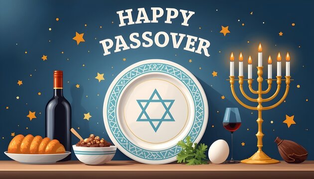 Festive illustration depicting traditional symbolic elements for a happy passover celebration including wine, matzah, and a star of david plate under a starry night sky