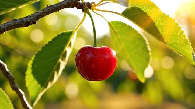Ripe red cherry fruit hanging from a branch in the warm sunlight with green leaves, close-up view