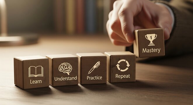 A hand stacks wooden blocks illustrating the steps to achieve mastery: Learn, Understand, Practice, Repeat, and finally Mastery.