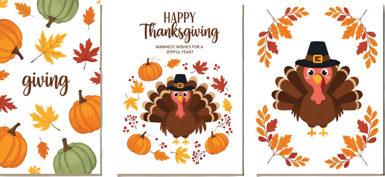 Happy Thanksgiving vector greeting card set featuring cute cartoon turkey wearing pilgrim hat with autumn pumpkin pattern and colorful fall leaf frames.