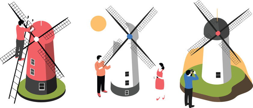 Isometric windmill scenes with people photographing and exploring traditional rural architecture sustainable energy countryside landmark illustration set concept