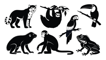 Naklejka premium Tropical rainforest animals silhouette vector jaguar sloth toucan monkey parrot iguana capybara illustration for biodiversity education