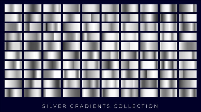 Silver gradient color picker collection | Gradient steel or platinum color plate | 100 types isolated gradient color of silver