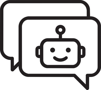 Outline vector icon of overlapping chat bubbles with robot face representing artificial intelligence dialogue message concept
