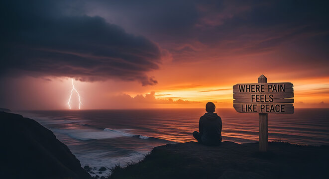 Solitary contemplation on a cliff, overlooking a turbulent ocean sunset and dramatic lightning, with a poignant sign articulating 'WHERE PAIN FEELS LIKE PEACE'