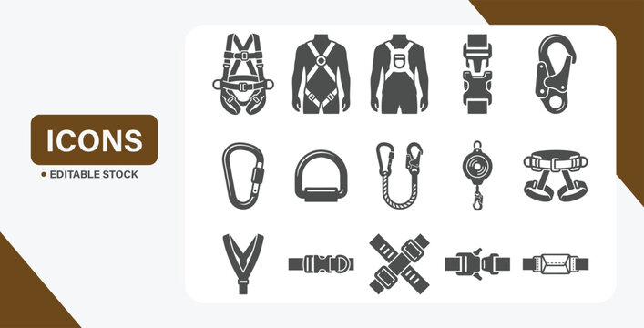 Full body safety harness icon set with buckle, lanyard, and fall protection equipment