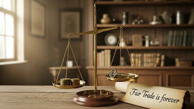 Scale of Fair Trade Principles - This video features a traditional balance scale positioned on a wooden table, symbolizing the concept of fairness in trade.