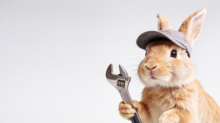 Naklejka na ściany i meble Cute bunny with metal wrench in grey cap clear light grey background with space for text. Workshop, auto mechanic, transportation sector Easter promotion