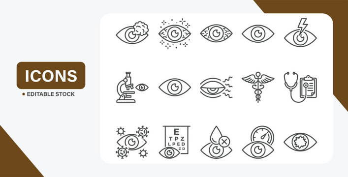 Eye health icon set showing vision disorders, ophthalmology care, and medical conditions