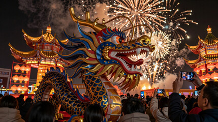 Fototapeta premium Crowd of people taking pictures of a dragon float during a Chinese New Year celebration.