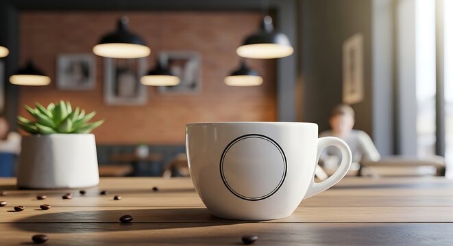 White coffee cup with blank circle on wooden table with coffee beans and potted plant