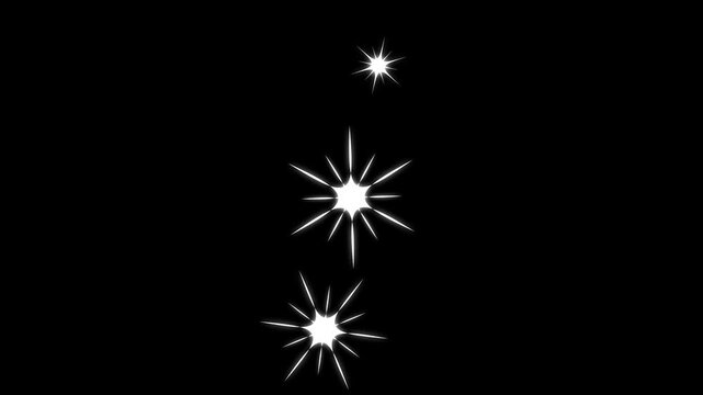 Dynamic star explosion and sparkle animation, glowing white twinkle effects with fast flickering motion for actionpacked and highenergy video transitions on black screen background. 4K
