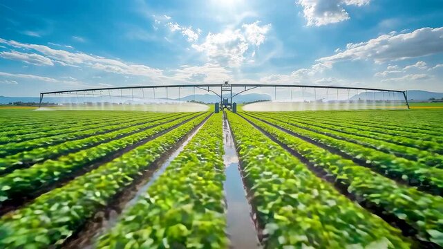 Irrigation system spraying water over green crop rows under bright sky with strong perspective in modern agricultural farming field
