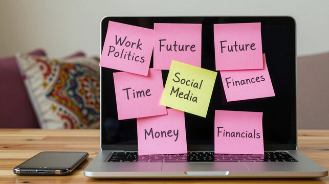 Laptop computer sitting on top of a wooden table covered in sticky notes