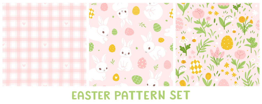 Cute pink easter patterns set. Seamless floral easter prints collection.
