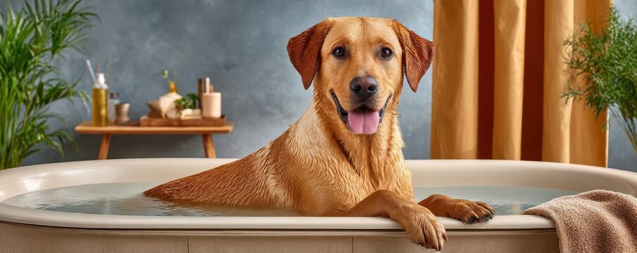 Happy Labrador dog sitting in a bathtub after a muddy play session, wet and content