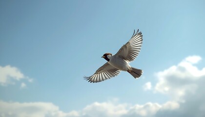 Obraz premium A small house sparrow with detailed feathers gracefully flies through a bright blue sky with scattered clouds.
