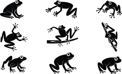 Obraz premium Set of tree frog silhouettes in various climbing and resting positions
