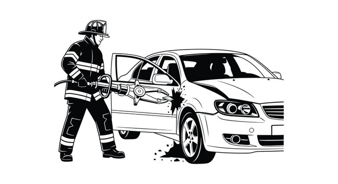 A firefighter uses rescue tools to extract someone from a damaged vehicle depicted in stark silhouette high quality professional detailed modern