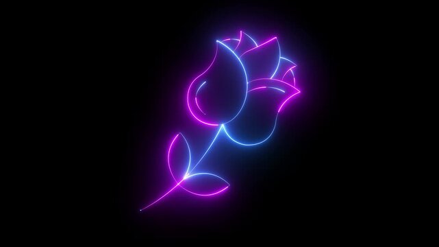 glowing neon roses icon isolated on black background. Flower animation. 4k video animation.