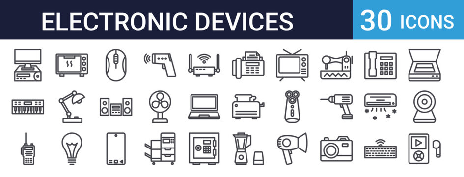 Electronic Devices Icons Set of 30 Thin Line Vector