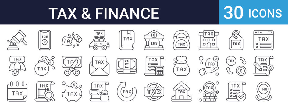 Tax and Finance Icons Set of 30 Thin Line Vector