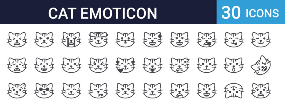 Cat Emoticon Icons Set of 30 Thin Line Vector Pack