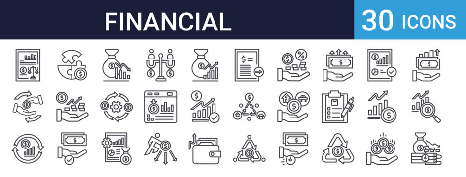 Financial Statement Icons Set of 30 Thin Line Vector
