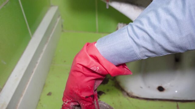 Cleaning clogged drain hole under toilet with hand, Plumber cleaning a clogged sewer drain hole in the bathroom floor.