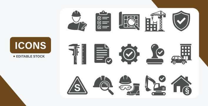 Construction safety and inspection icon set featuring site review, compliance, and engineering tools