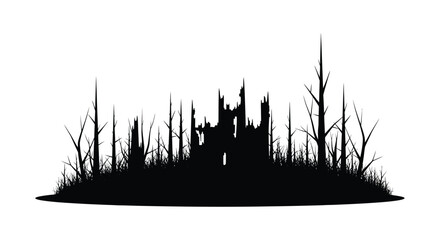 A stark black silhouette of a castle ruin amidst a barren landscape of dead trees and grass silhouette high quality professional © mrvect02