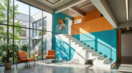 Fototapeta premium Young professional woman ascending modern glass staircase in bright corporate office lobby