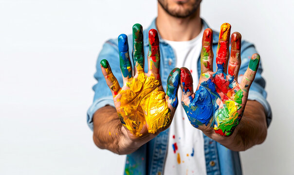 manos con pintura de colores sobre fondo blanco, composici&oacute;n creativa con manchas de azul, rojo y amarillo, concepto art&iacute;stico, infancia y expresi&oacute;n del dia mundial del arte