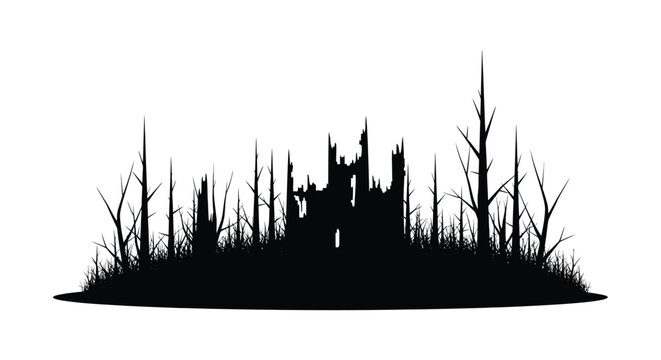 A stark black silhouette of a castle ruin amidst a barren landscape of dead trees and grass silhouette high quality professional