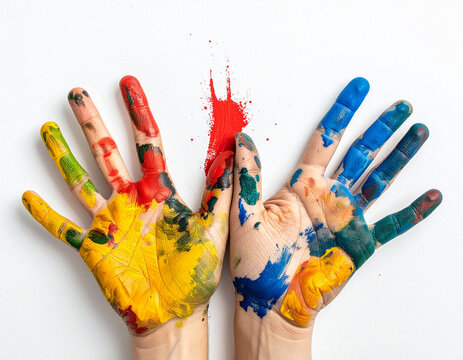 manos con pintura de colores sobre fondo blanco, composici&oacute;n creativa con manchas de azul, rojo y amarillo, concepto art&iacute;stico, infancia y expresi&oacute;n del dia mundial del arte