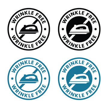 Four circular emblems showcase an iron and the phrase wrinkle free with varying color schemes a striking silhouette high quality professional detailed modern