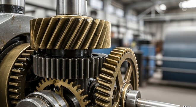 Industrial metal gears cogs machinery close up complex mechanism moving parts.