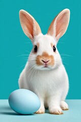 Obraz premium Cute little white bunny with blue Easter egg sitting on teal background for spring celebrations
