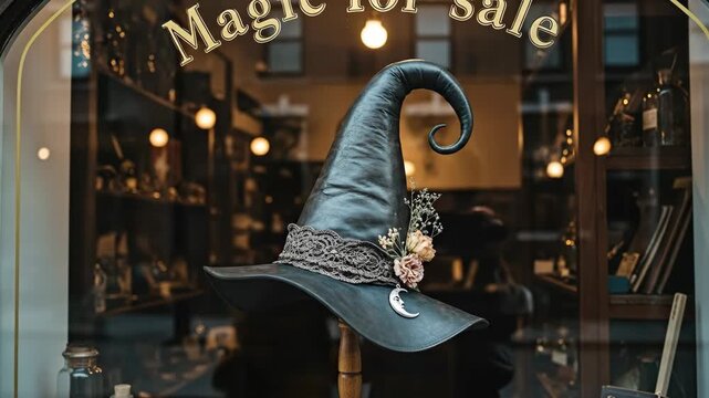 Enchanted Witch Hat Displayed in Storefront - A beautifully crafted witch hat is on display in a shop window, adorned with lace and delicate flowers.