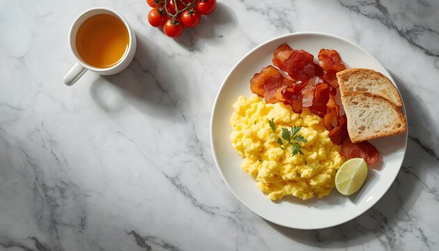 scrambled eggs with crispy bacon toasted bread and cup of tea on white marble background for healthy breakfast flat lay