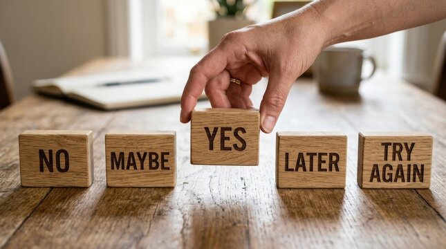 Hand placing yes wooden block among no maybe later try again on brown wood table in office with blurred background