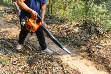 Firebreak creation using leaf blower to prevent wildfire spread in dry forest area