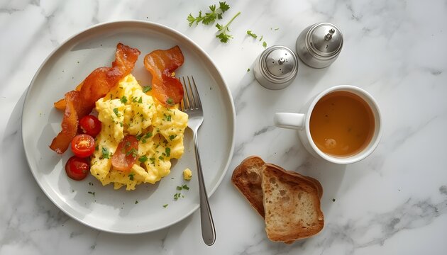 A beautifully presented high angle view of a hearty breakfast featuring fluffy scrambled eggs crispy bacon halved cherry tomatoes and a warm beverage served on marble