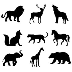Obraz premium ​Set of wild animal silhouettes, minimalist black icons of lion, elephant, and giraffe