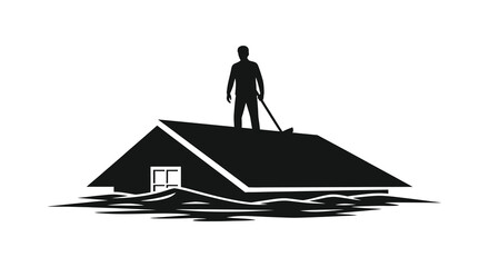A lone figure stands atop a submerged house representing climate change impacts and vulnerability a stark silhouette high quality professional detailed © mrvect02